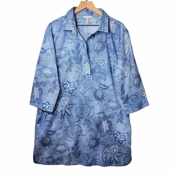 Hinson Wu Charlotte Passionflower Blue Button 3/4 Sleeve Print Dress Womens - Picture 1 of 12